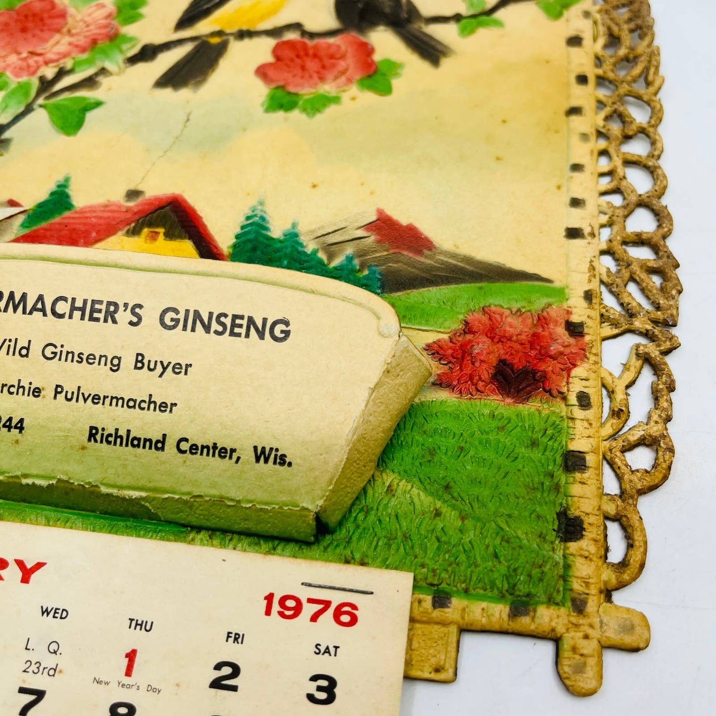 1976 Die Cut Embossed Calendar Pulvermacher Ginseng Buyer Richland Center WI TD3