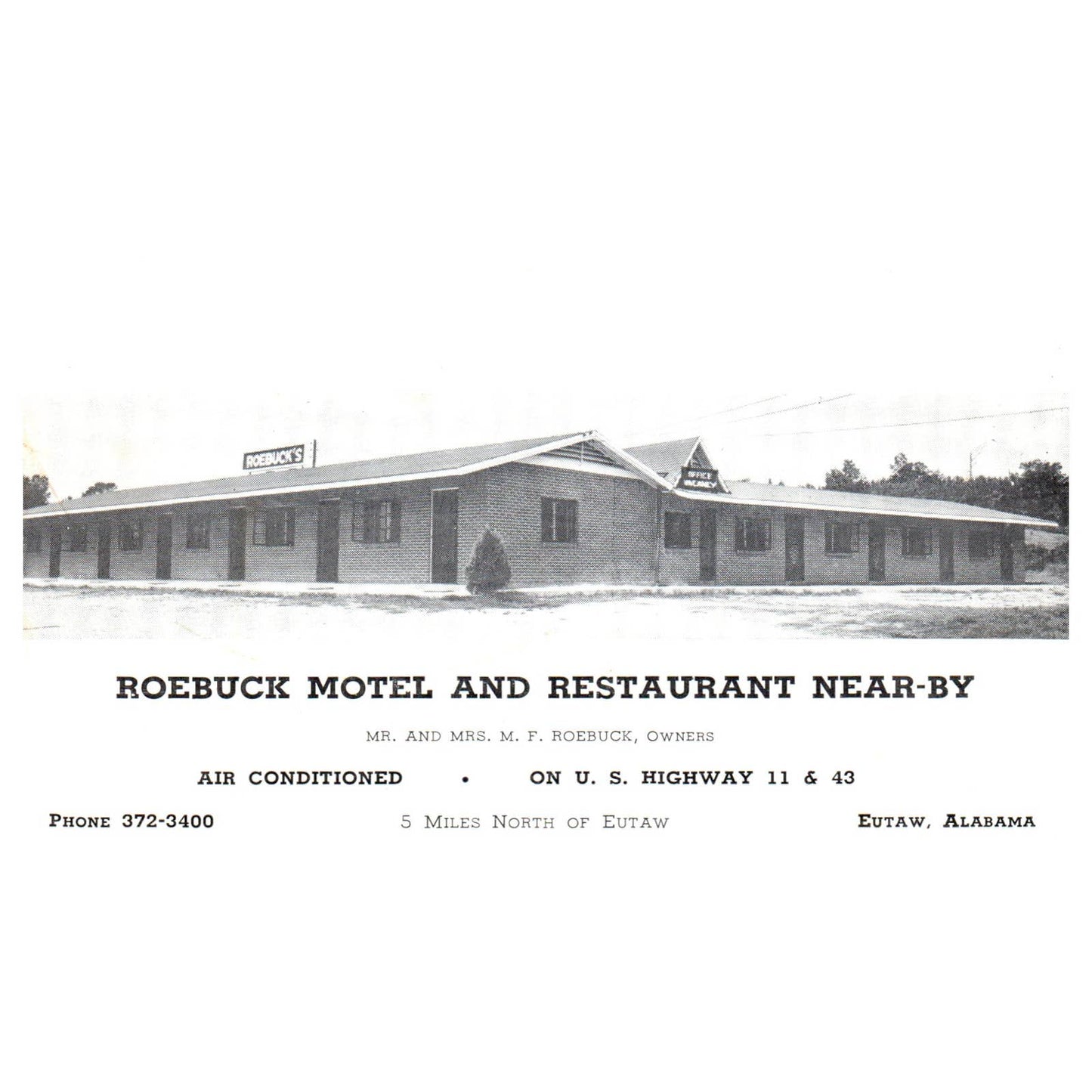 Roebuck Motel and Restaurant Near-By M.F. Roebuck Eutaw Alabama - Postcard TJ8-2