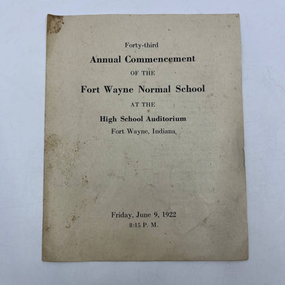 1922 Fort Wayne Normal School Commencement Program AC2