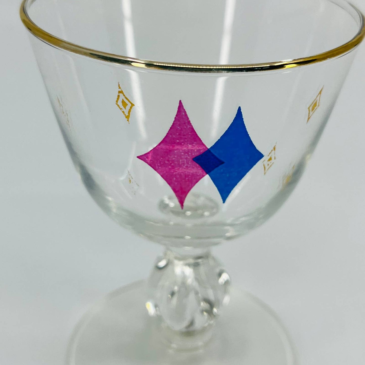 1950s Libbey Atomic Diamond Cordial Champagne Glass Pink/Blue TD9
