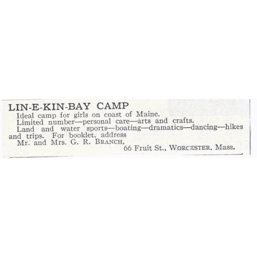 LIN-E-KIN-BAY Camp Maine G.R. Branch - 1921 Original Ad TJ7-S6