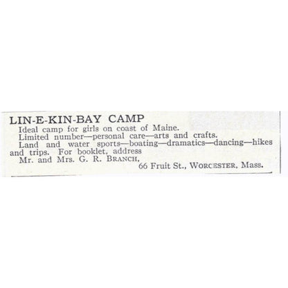LIN-E-KIN-BAY Camp Maine G.R. Branch - 1921 Original Ad TJ7-S6