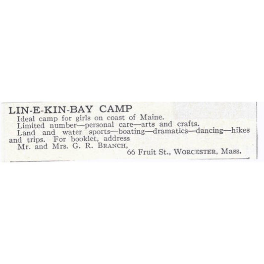LIN-E-KIN-BAY Camp Maine G.R. Branch - 1921 Original Ad TJ7-S6