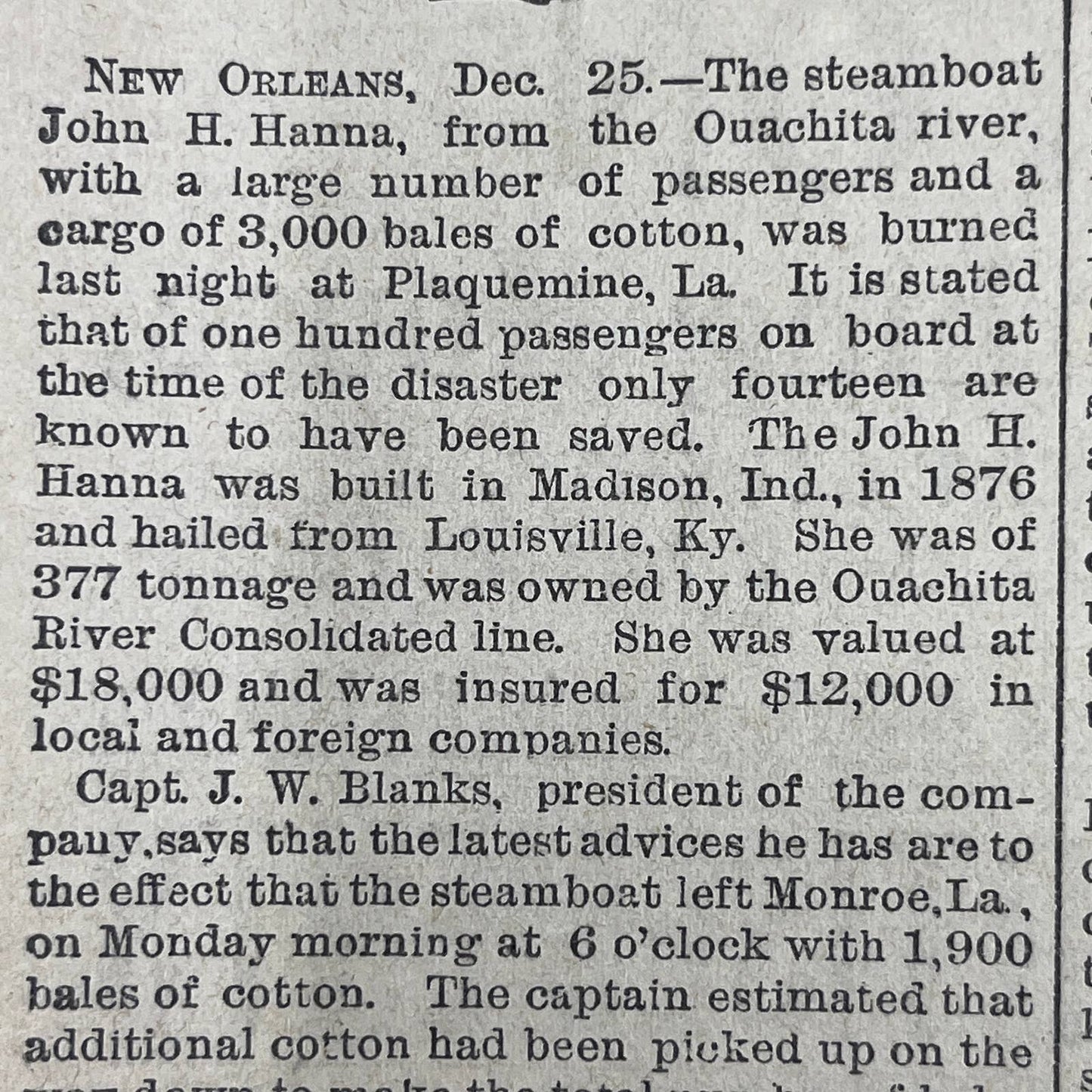 1888 Dec 26 Original St. Paul Pioneer Press - Steamer John H. Hannah Burned FL4