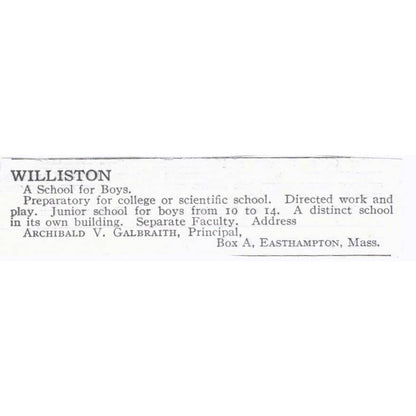 Williston School Archibald V. Galbraith Easthampton MA - 1921 Original Ad TJ7-S6
