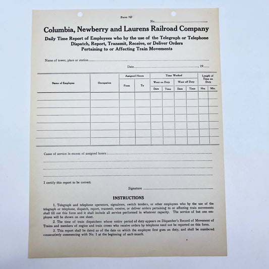 Early 1900s Columbia, Newberry & Laurens Railroad RR Co Employee Time Report AB5