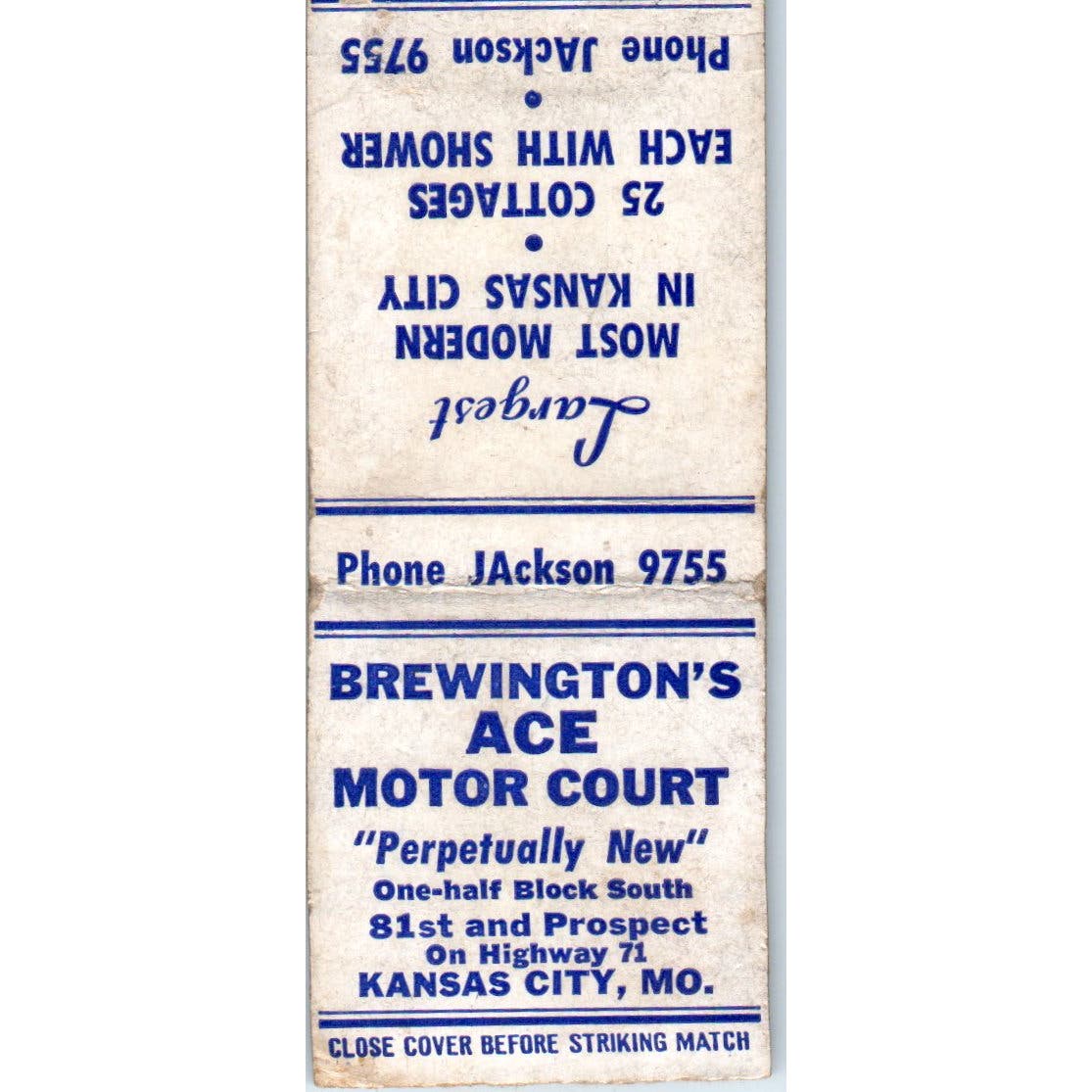 Brewington Ace Motor Court Kansas City MO Advertising Matchbook Cover SA9-M3