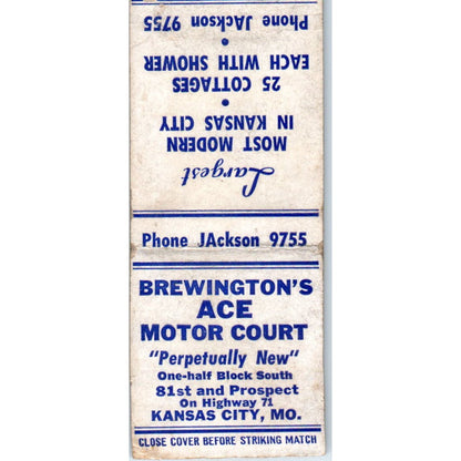 Brewington Ace Motor Court Kansas City MO Advertising Matchbook Cover SA9-M3