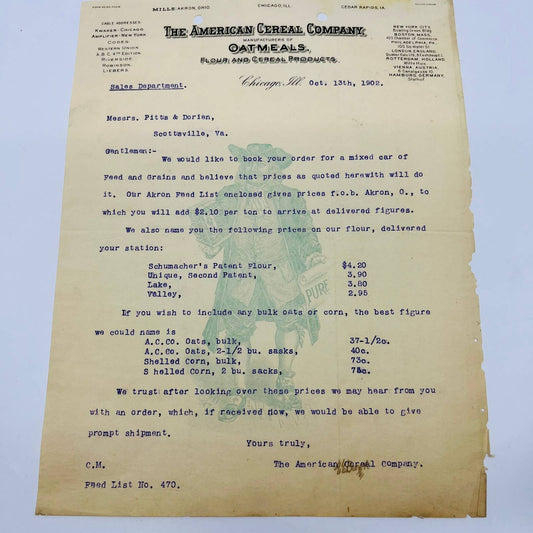 1902 American Cereal Company EARLY QUAKER OAT MAN IMAGE Billhead Letterhead AA4