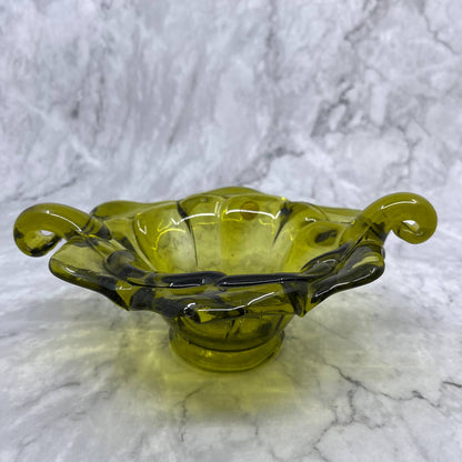 Vintage Murano Italy Hand Blown Green  Art Glass Bowl MCM Handles 6x8" TA2