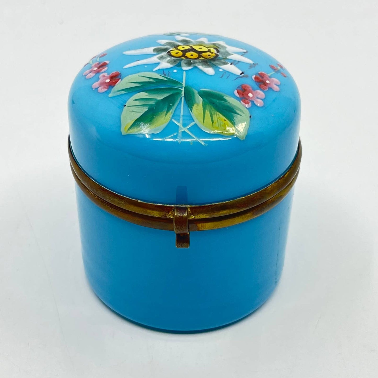 1800s Victorian Blue Bristol Opaline Glass Hand Painted Dresser Box Brass 2” TE6