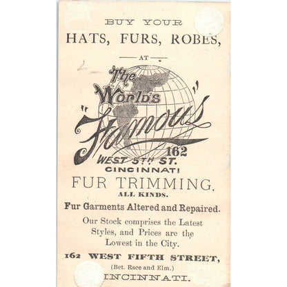 1880s Victorian Trade Card World's Famous Hats, Furs, Robes Cincinnati SE3-3