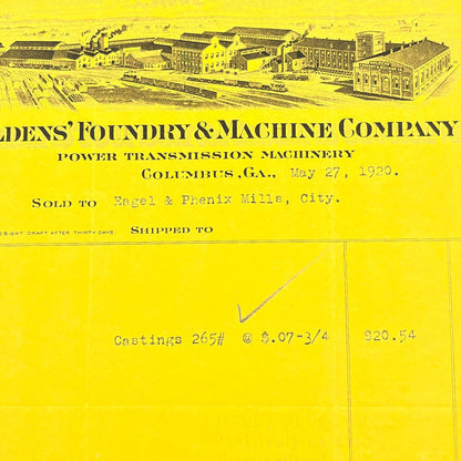 1920 Goldens' Foundry & Machine Co. Letterhead Bill Head Receipt Columbus GA AB9