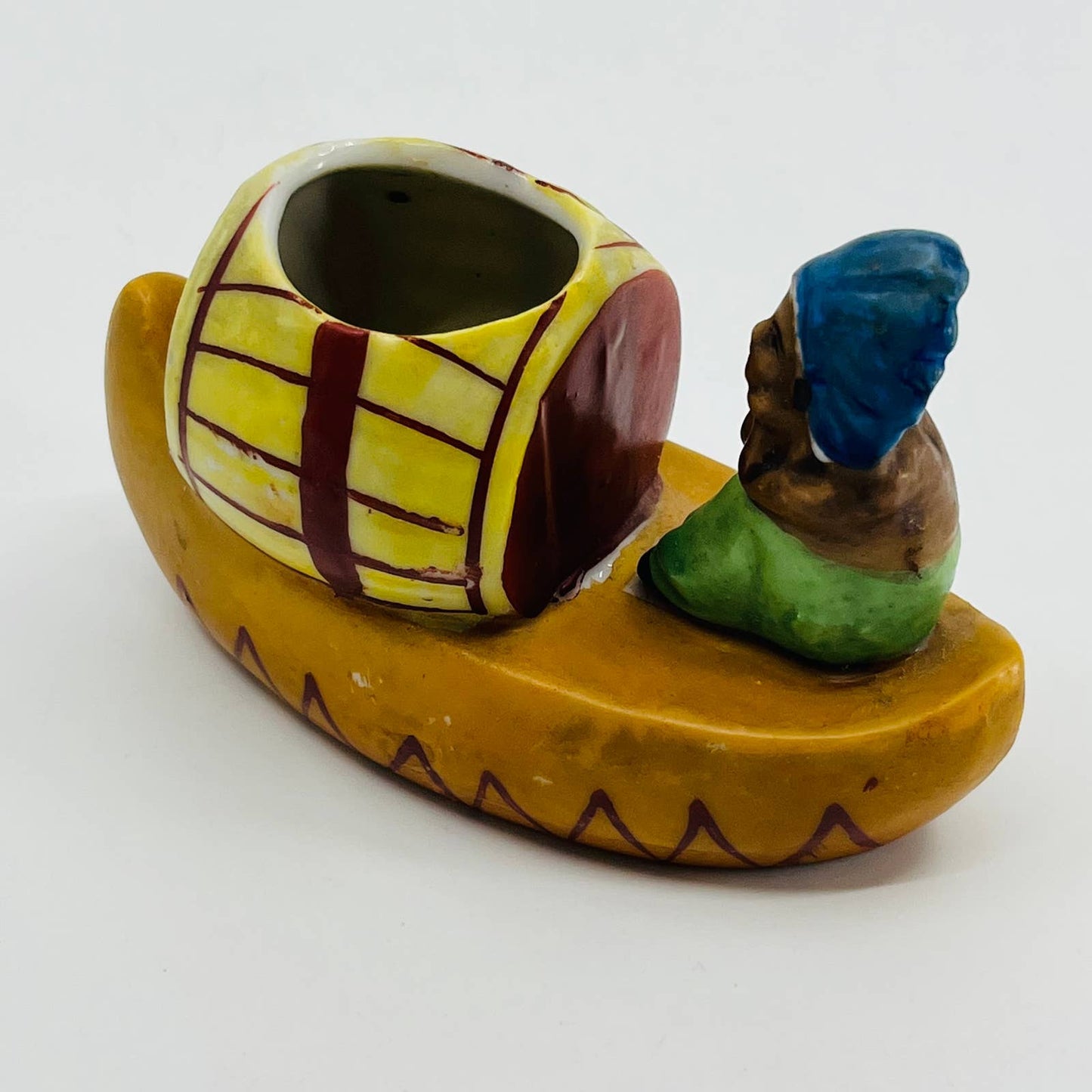 Vintage Japan Hand Painted Native American Chief Canoe Candle Holder 4” TB5