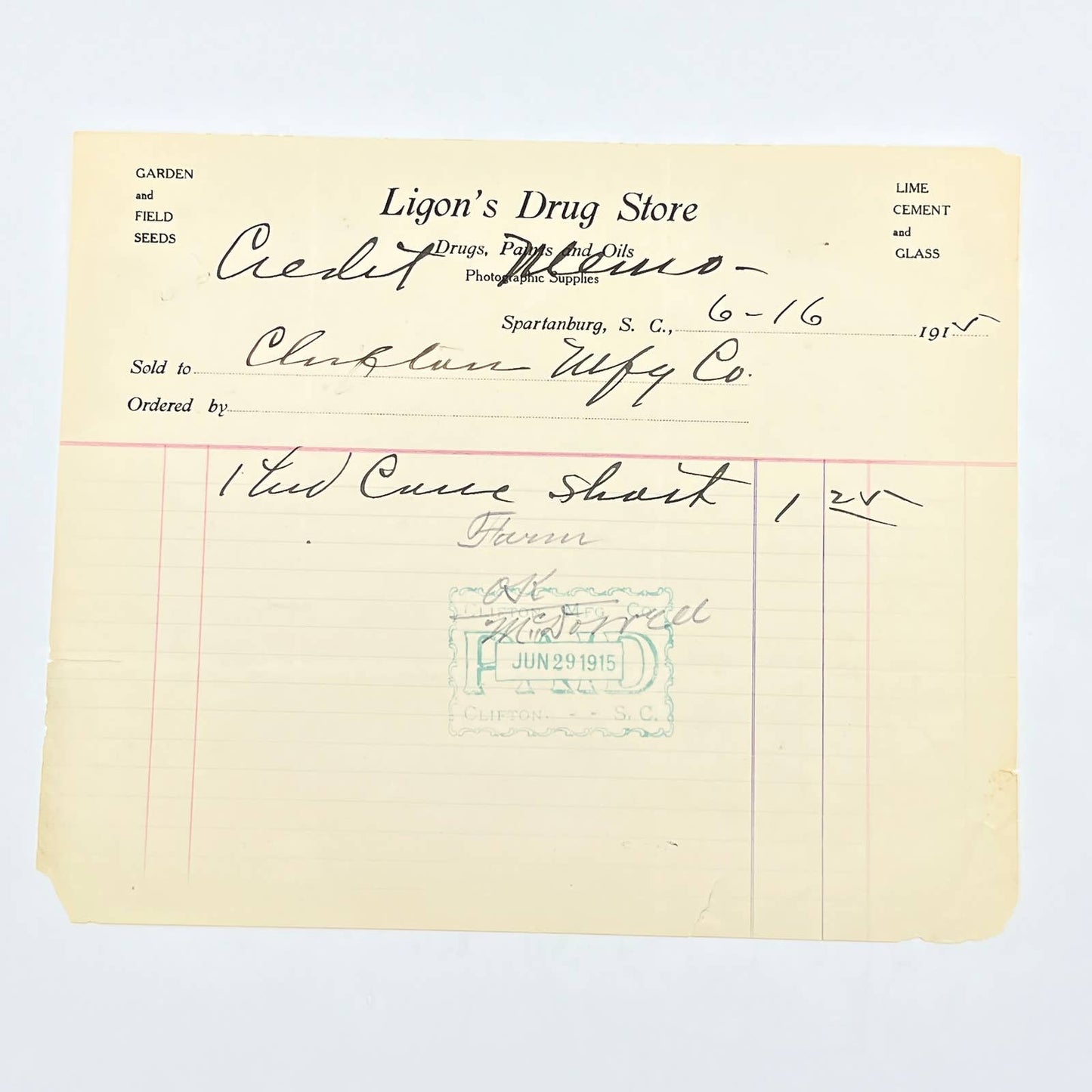 1915 Ligon's Drug Store Drugs Paints & Oils Letterhead Spartanburg SC AB9