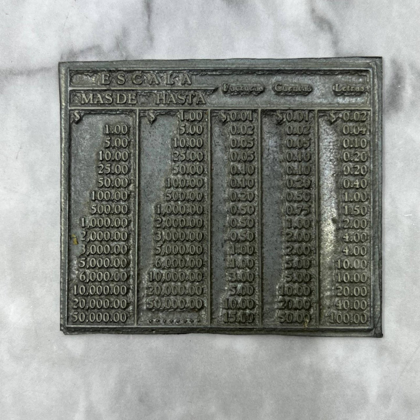 Vintage Letterpress Printers Block Plate Spanish Escala Mas De Hasta TJ513