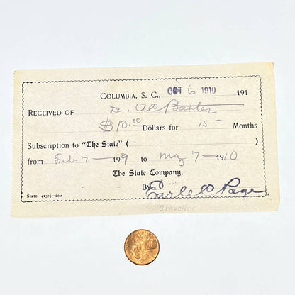 1910 Receipt For Subscription to The State Magazine Columbia SC Earle Page AC3