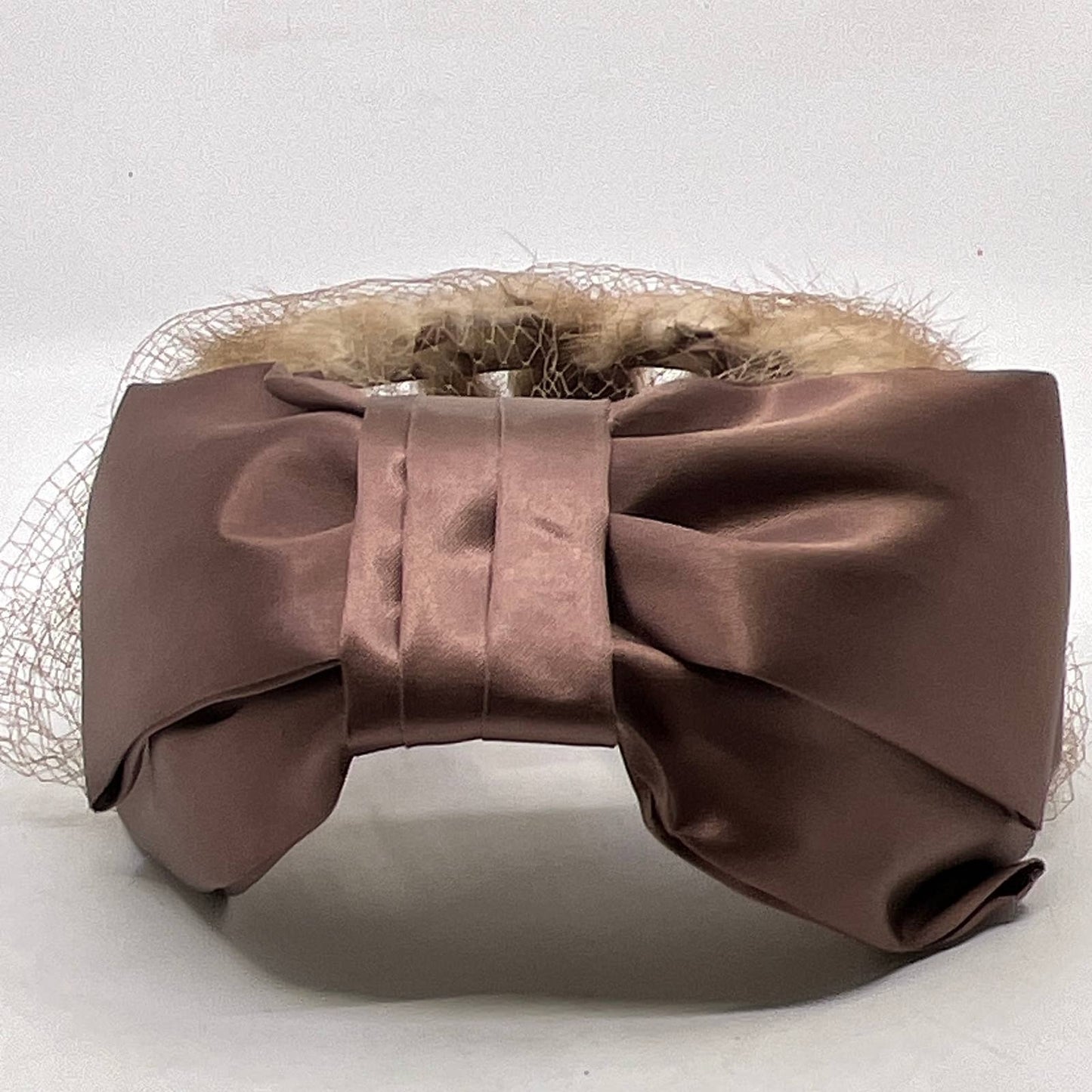 Vintage Beige Mink Fur Fascinator Champagne Satin Ribbon With Veil Cage TI4