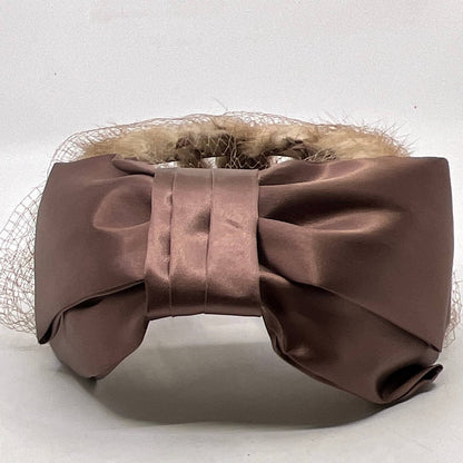 Vintage Beige Mink Fur Fascinator Champagne Satin Ribbon With Veil Cage TI4