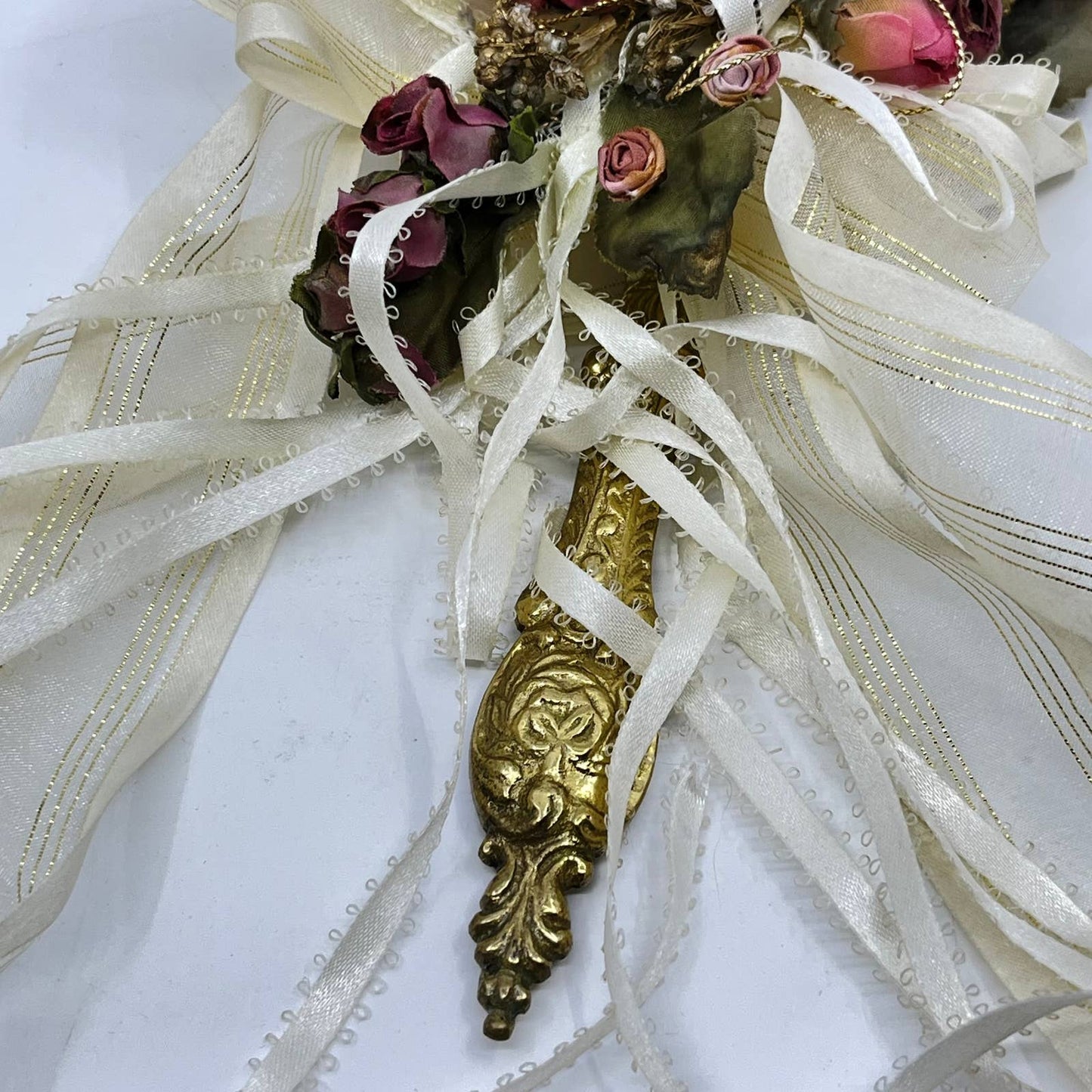Vintage Lacquered Brass Princess Flower and Lace Vanity Mirror 14” TF3