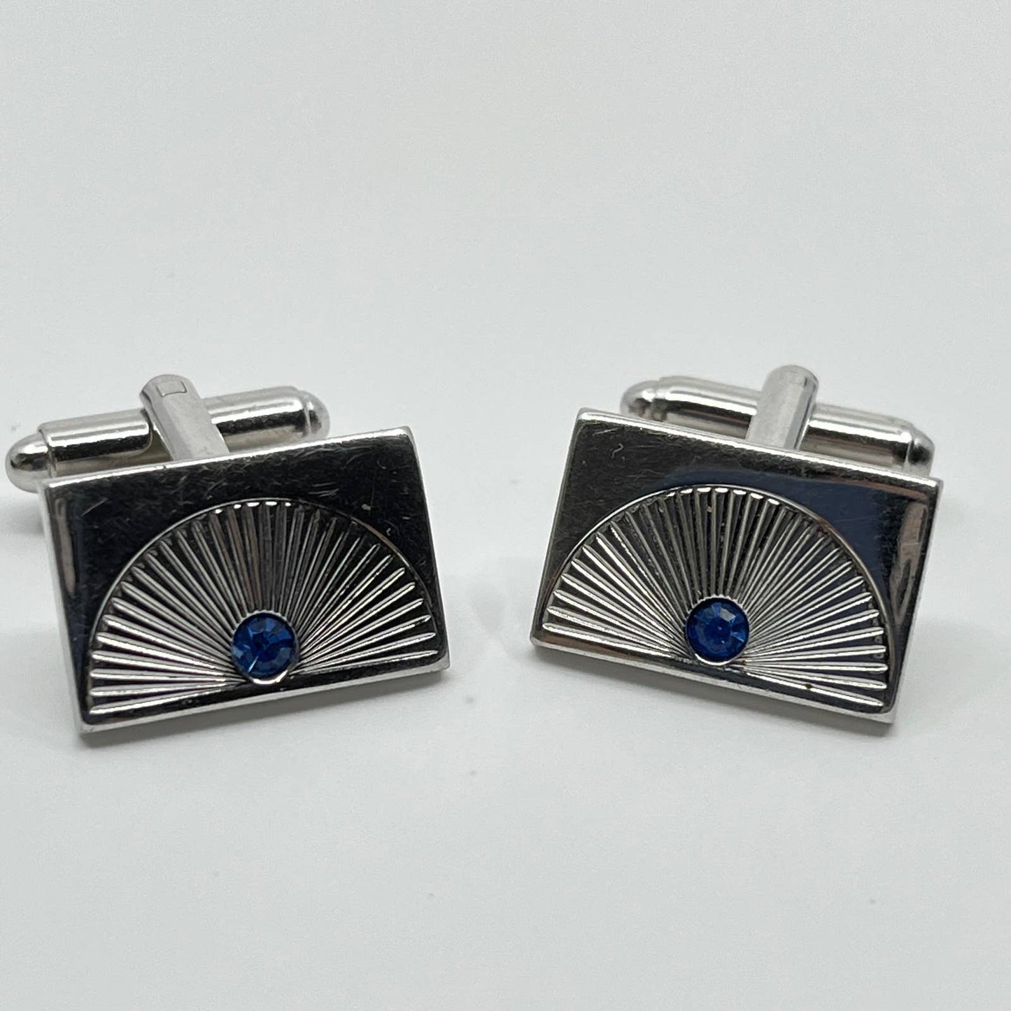 1940s Art Deco Silver Tone Sapphire Blue Rhinestone Cufflinks Cuff Links SC3