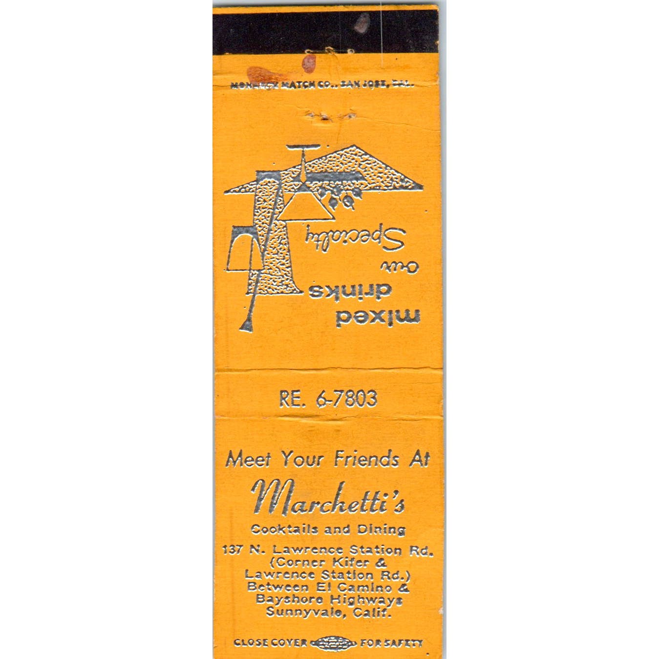 Marchetti's Cocktails & Dining Sunnyvale CA Advertising Matchbook Cover SA9-M10