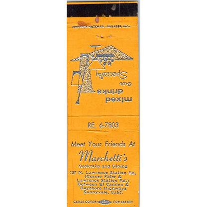 Marchetti's Cocktails & Dining Sunnyvale CA Advertising Matchbook Cover SA9-M10