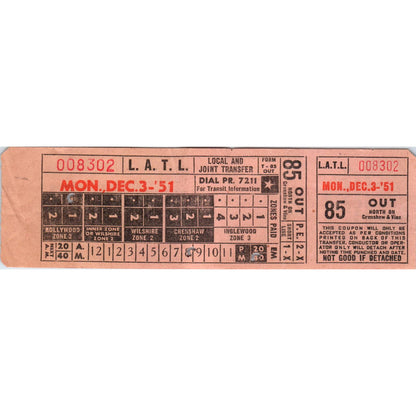 1951 L.A.T.L. Subway Hollywood Streetcar Transfer Ticket SE8