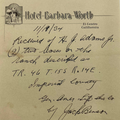 1934 Hotel Barbara Worth El Centro CA Letterhead Note Historic AA6