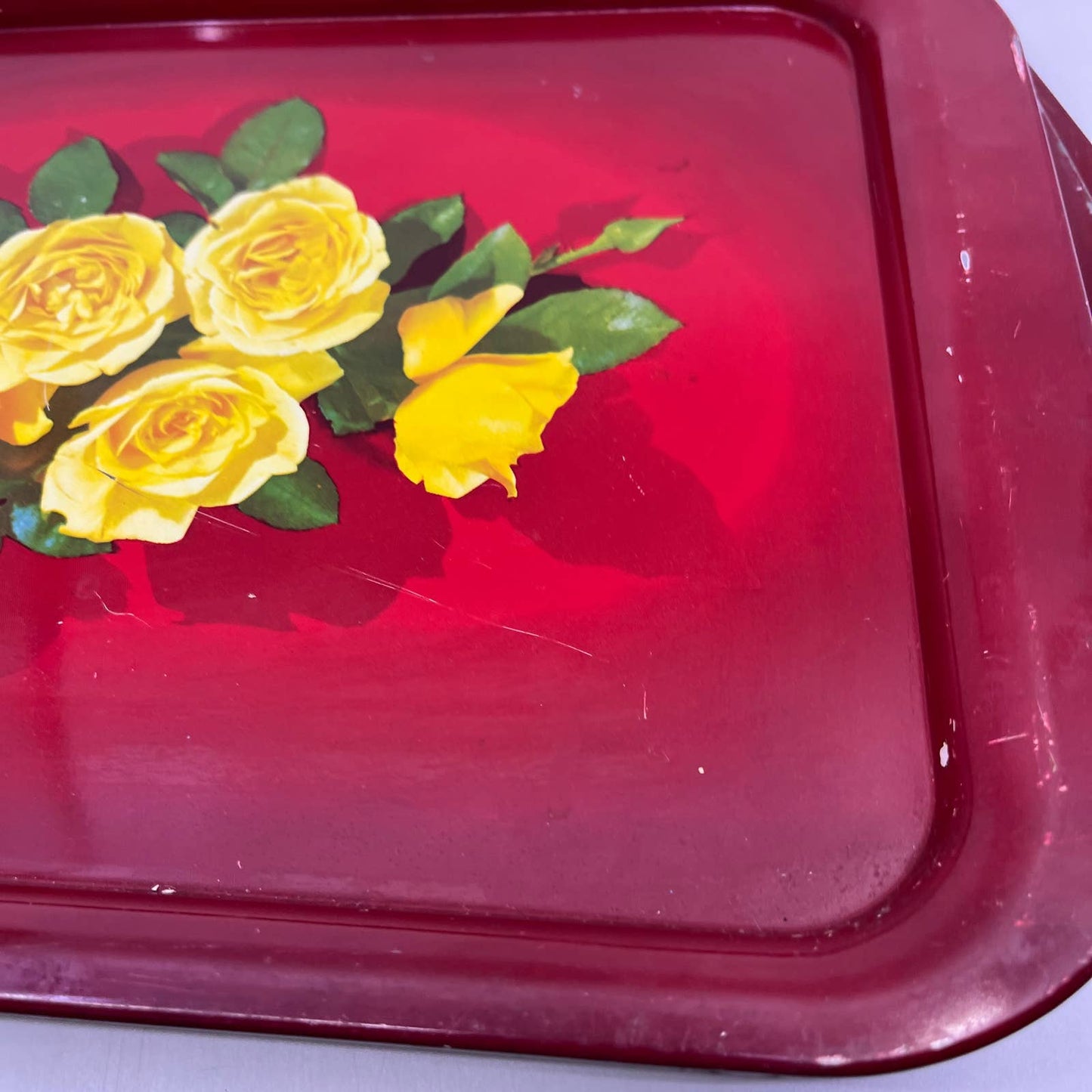 Vintage Toleware Red Metal Tray Yellow Rose Flowers 11x14" Set Of 3 TI4