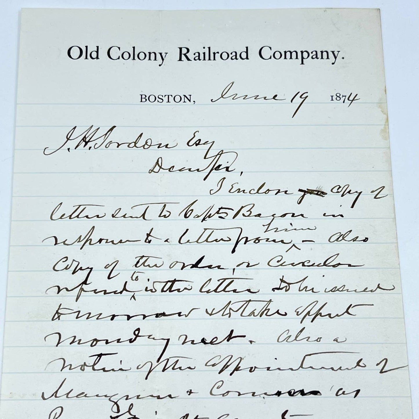 1874 Old Colony Railroad Boston MA Letterhead AB1