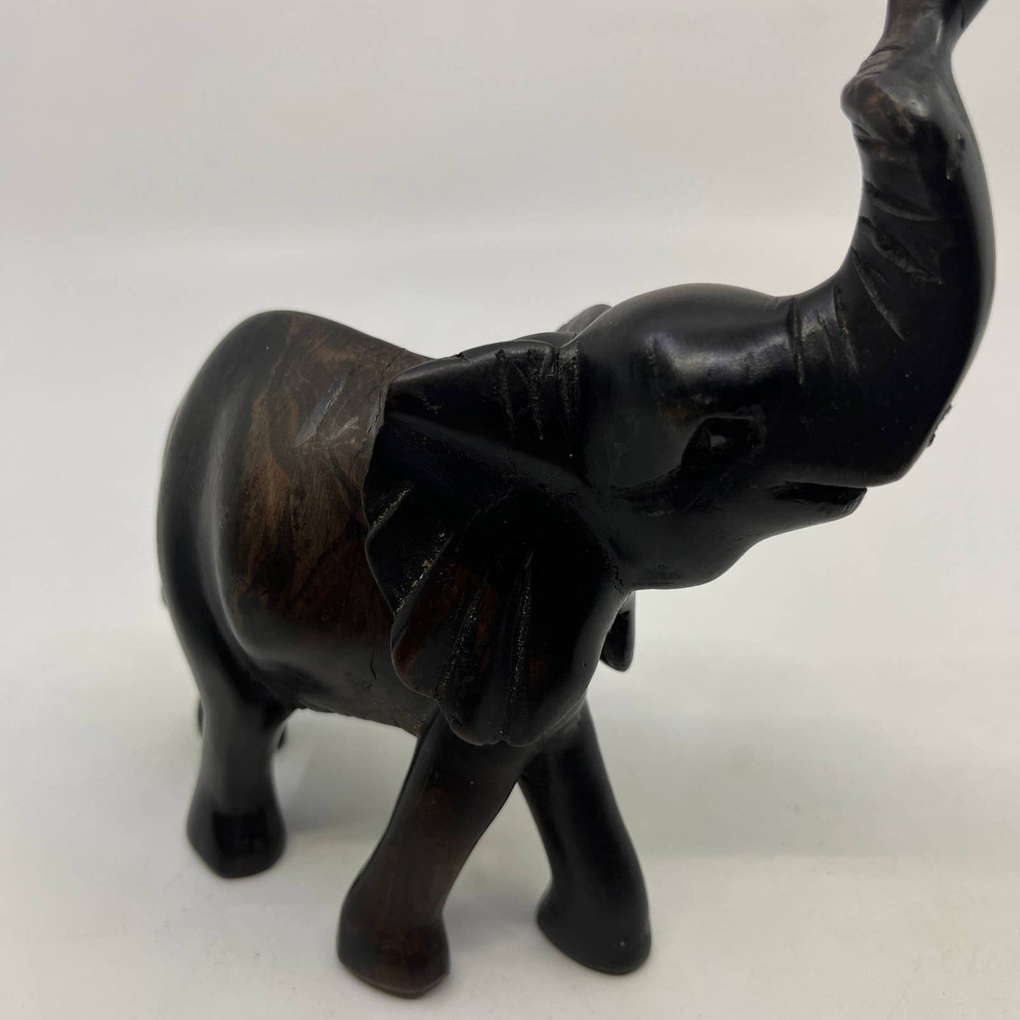 Vintage MCM Hand Carved Solid Wood Elephant Figure Statue ~6" TH8