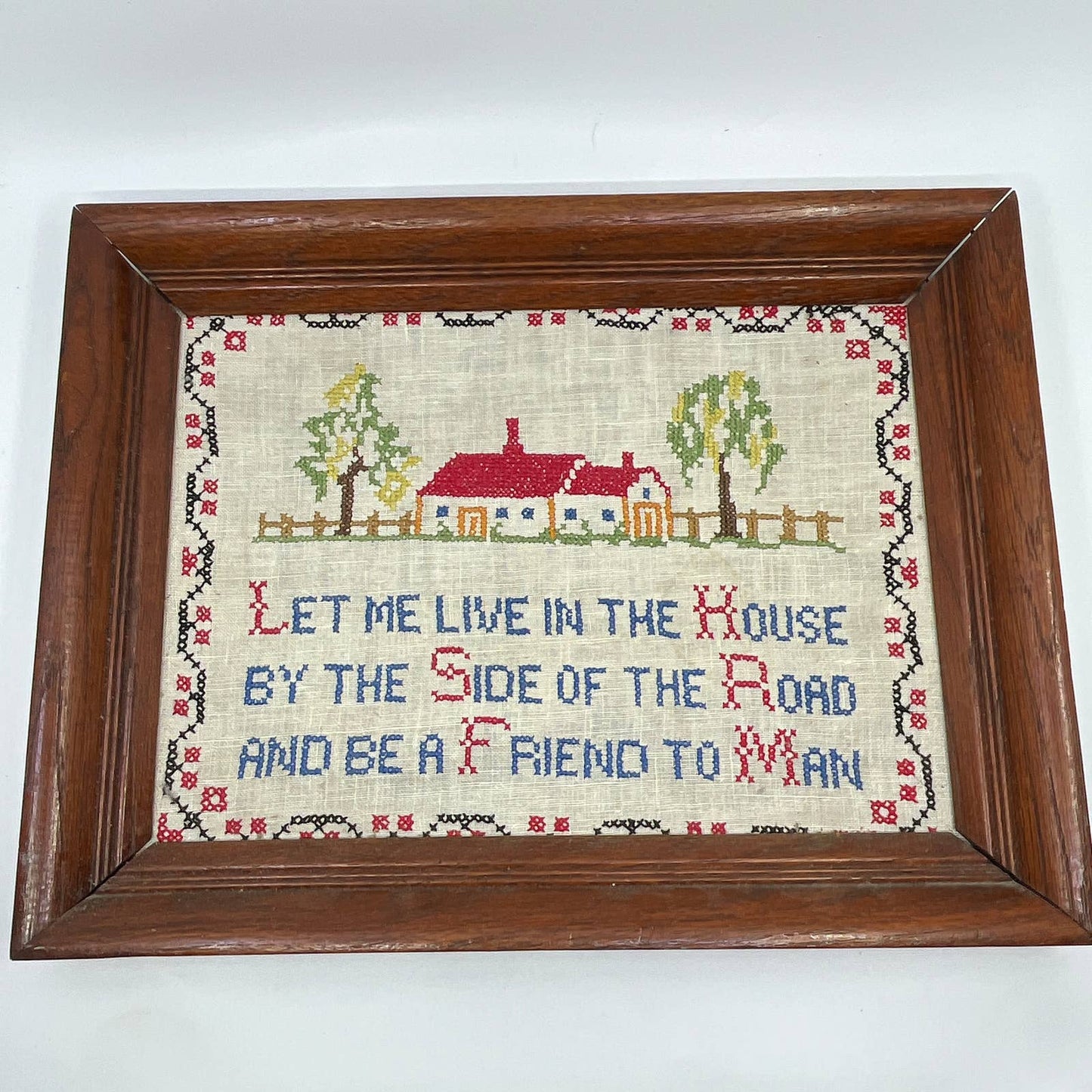 Vintage Framed Cross Stitch Sampler Art ...House on the Side of the Road... TG3