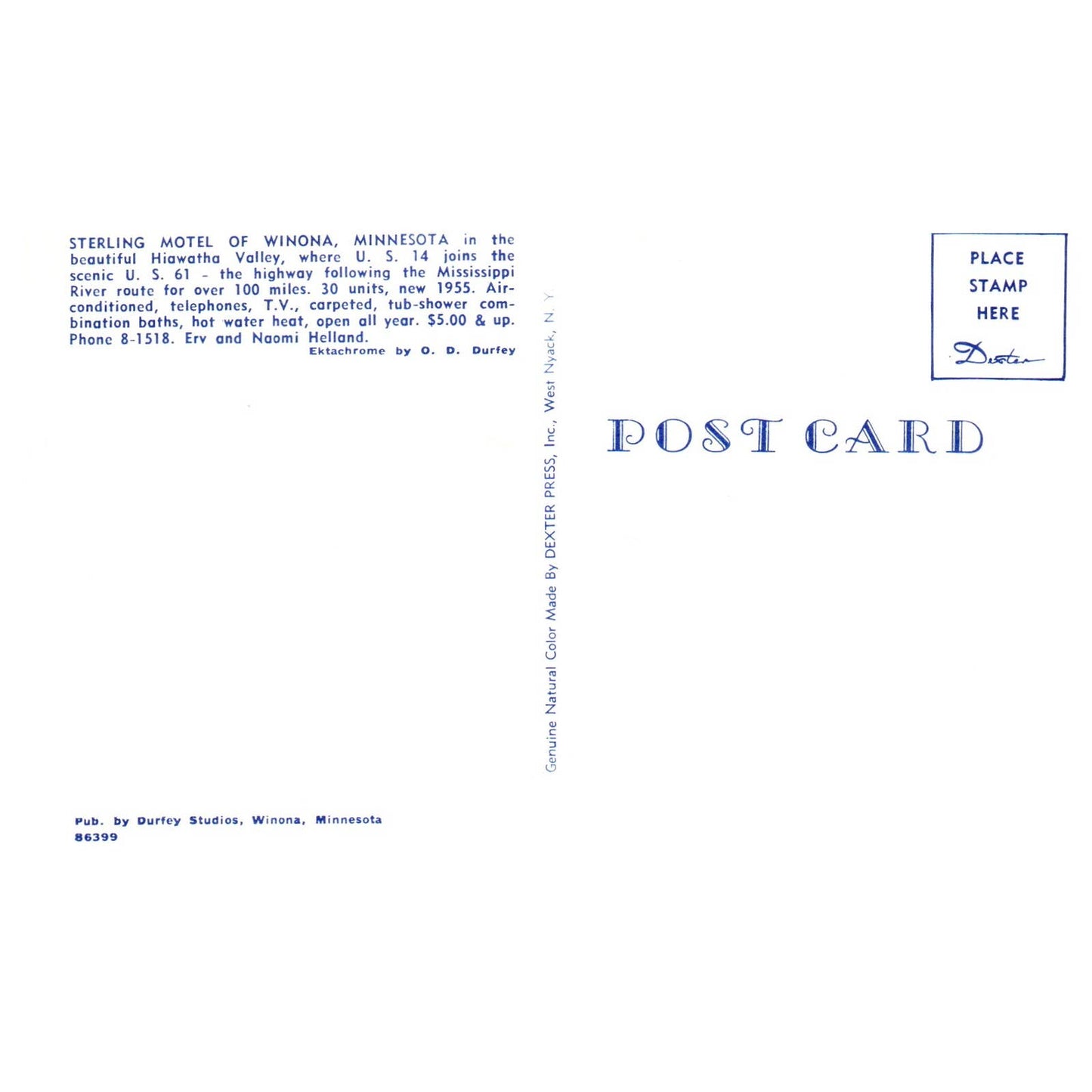 Vintage Postcard - Sterling Motel of Winona Minnesota Erv & Naomi Helland AD9