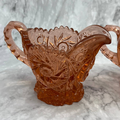 EAPG Imperial Pink Glass "Whirling Star" Sugar And Creamer, Saw Tooth TI6