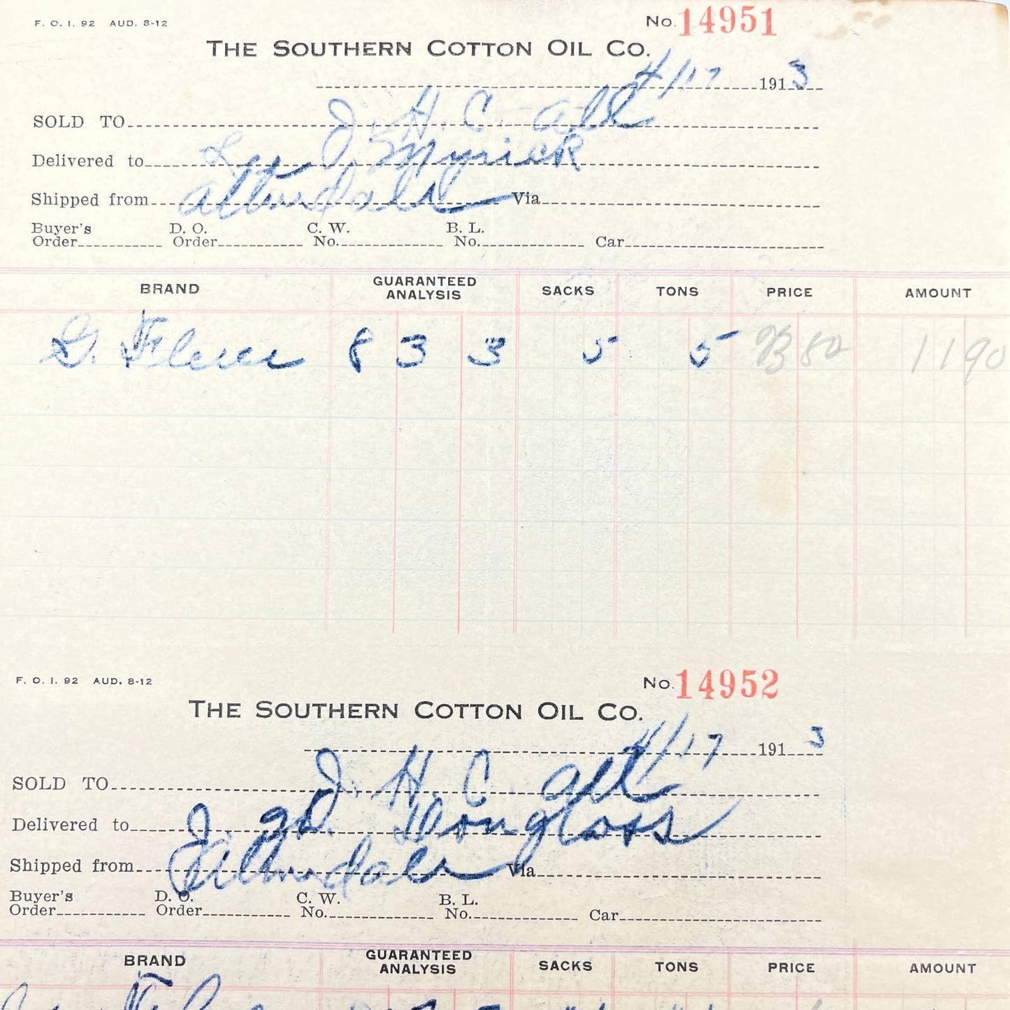 1913 Southern Cotton Oil Company Letterhead Receipt Columbia Mill SC AB9-2