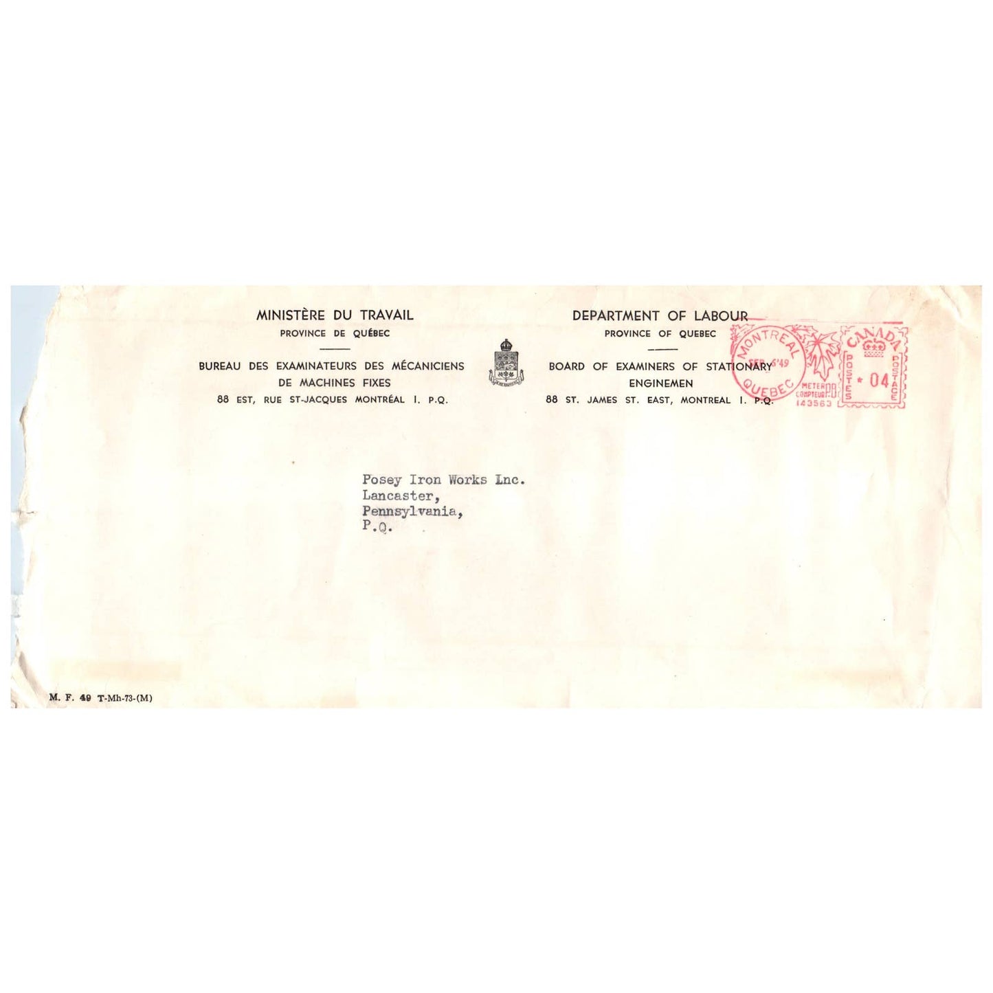 1949 Postal Cover Envelope - Department of Labour - Province of Quebec AD8