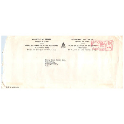 1949 Postal Cover Envelope - Department of Labour - Province of Quebec AD8