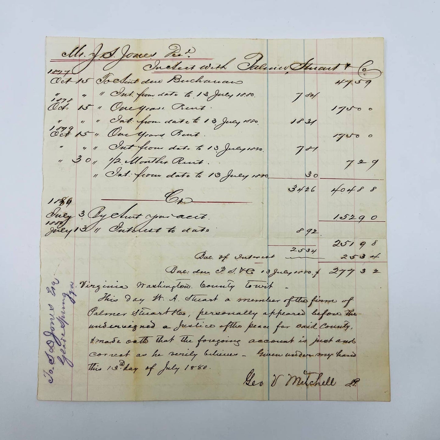 1880 Handwritten Bill From Geo V. Mitchell to JS Jones Washington County VA AA5