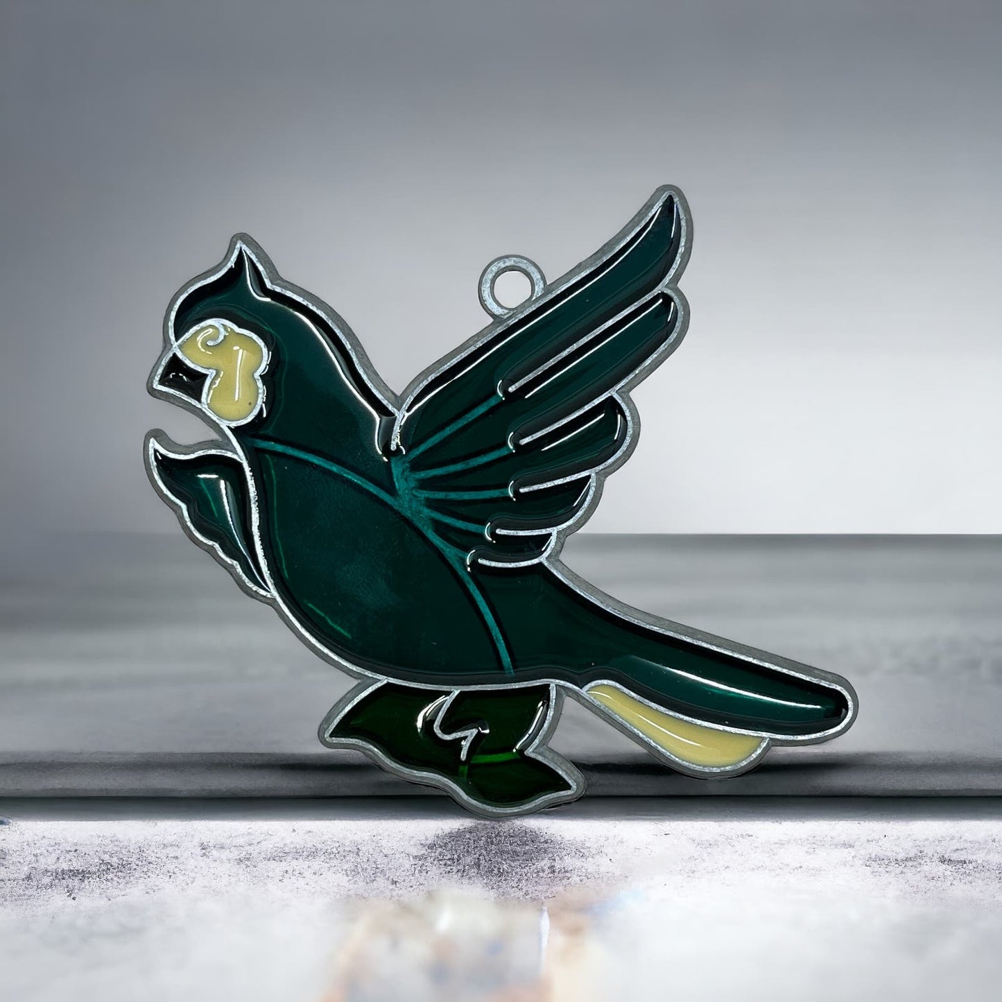 1980s Green Turquoise Bird Stained Glass Suncatcher 3.5” TE5-S1