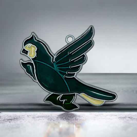 1980s Green Turquoise Bird Stained Glass Suncatcher 3.5” TE5-S1