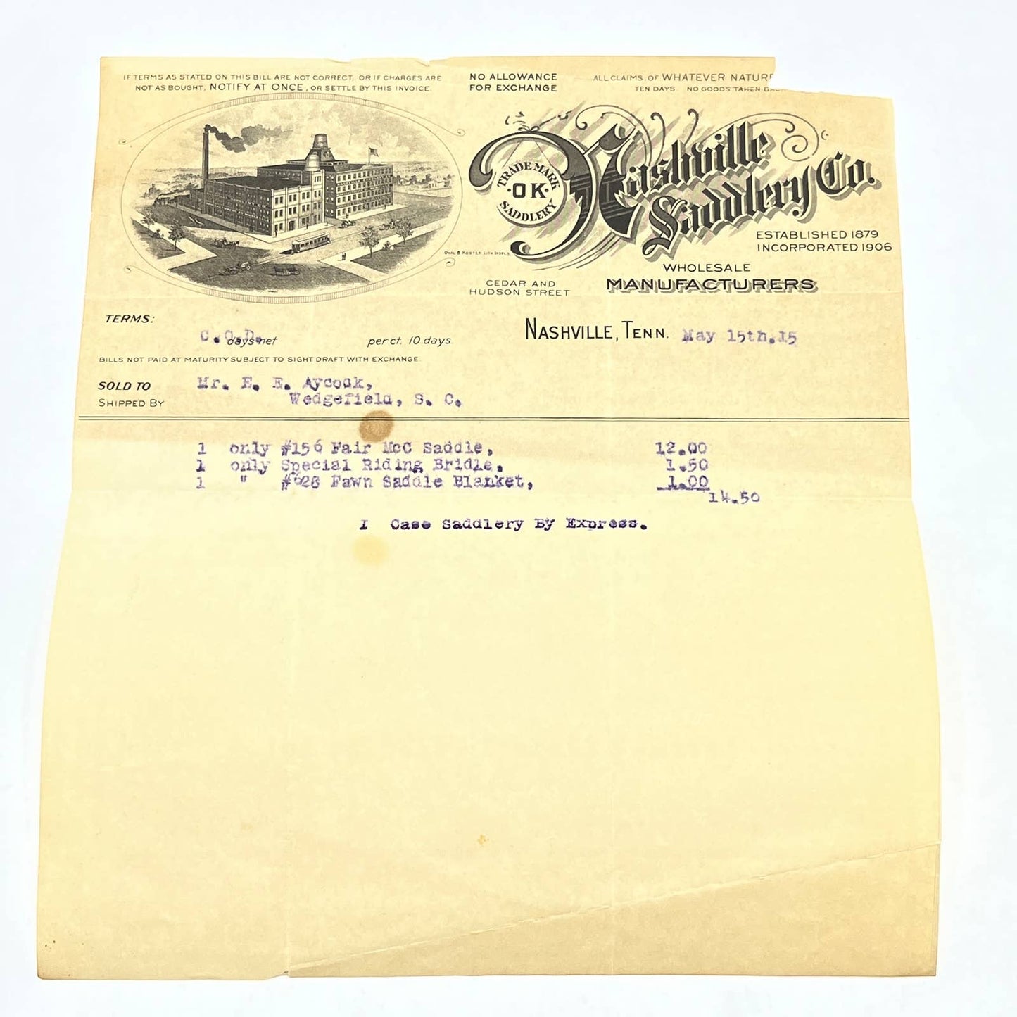 1915 Nashville Saddlery Co. Letterhead Nashville TN AB9