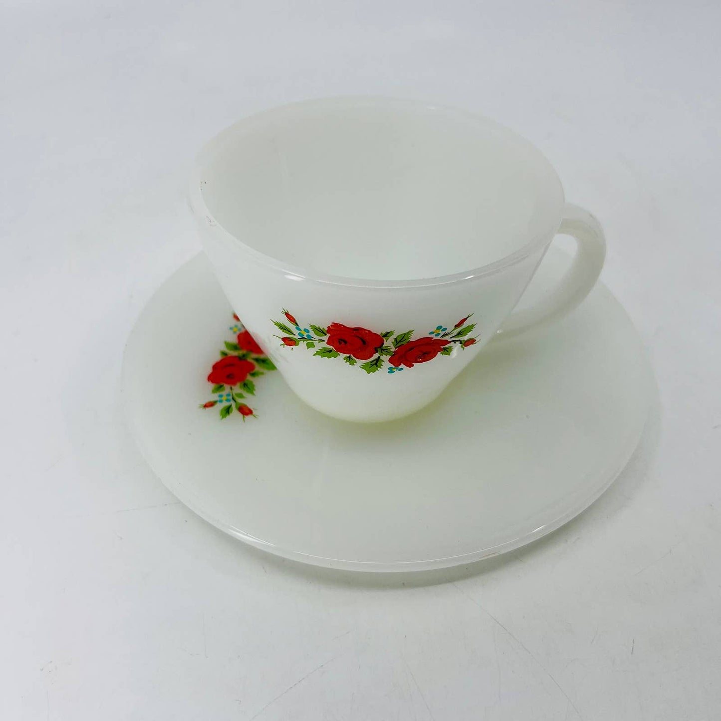 1950s MCM Fire King Cup & Saucer Set Milk Glass Red Rose Pattern TC8