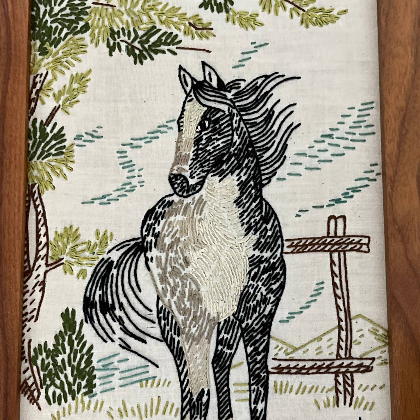 1980s Original Art Horses Embroidery Crewel Set of 2 Walnut Frame 11x17"