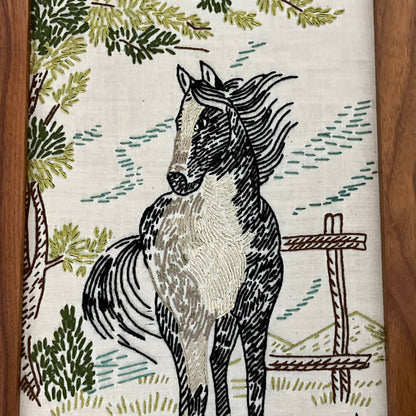 1980s Original Art Horses Embroidery Crewel Set of 2 Walnut Frame 11x17"