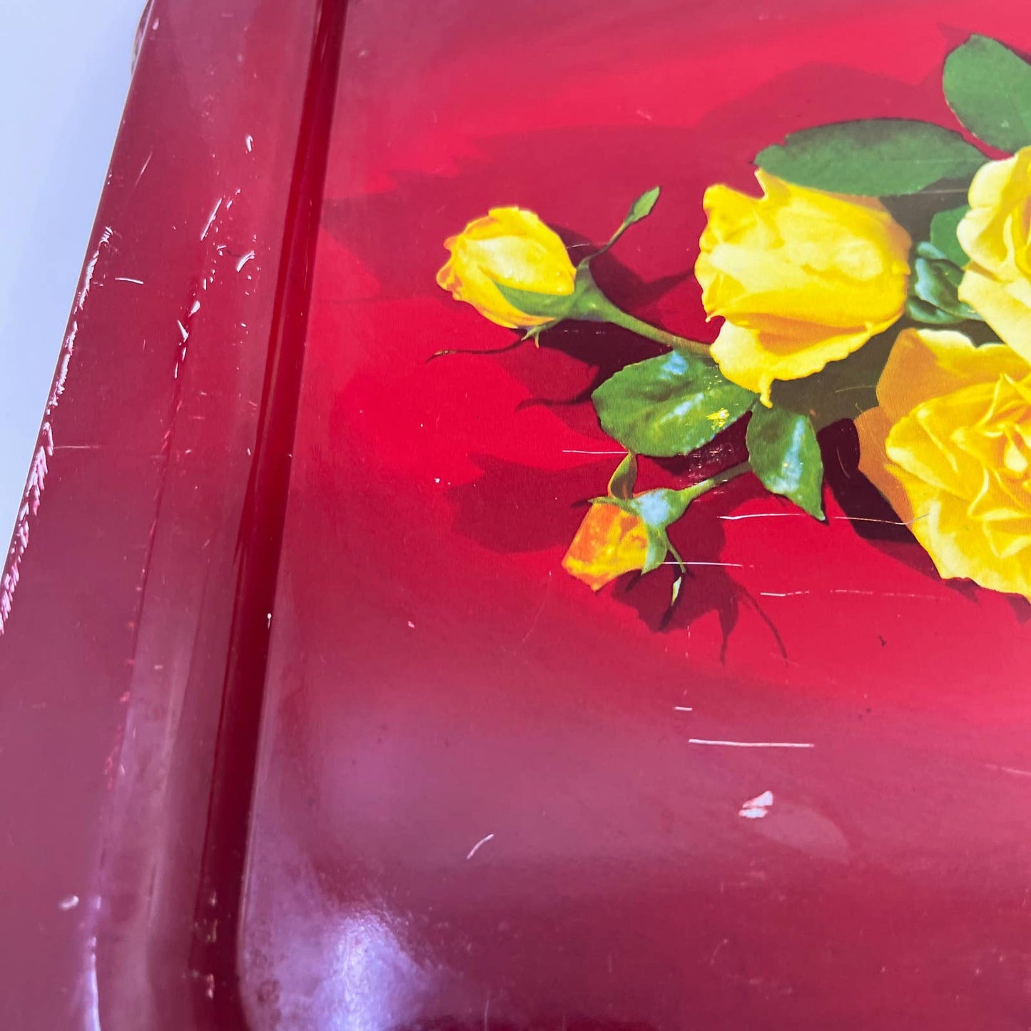 Vintage Toleware Red Metal Tray Yellow Rose Flowers 11x14" Set Of 3 TI4