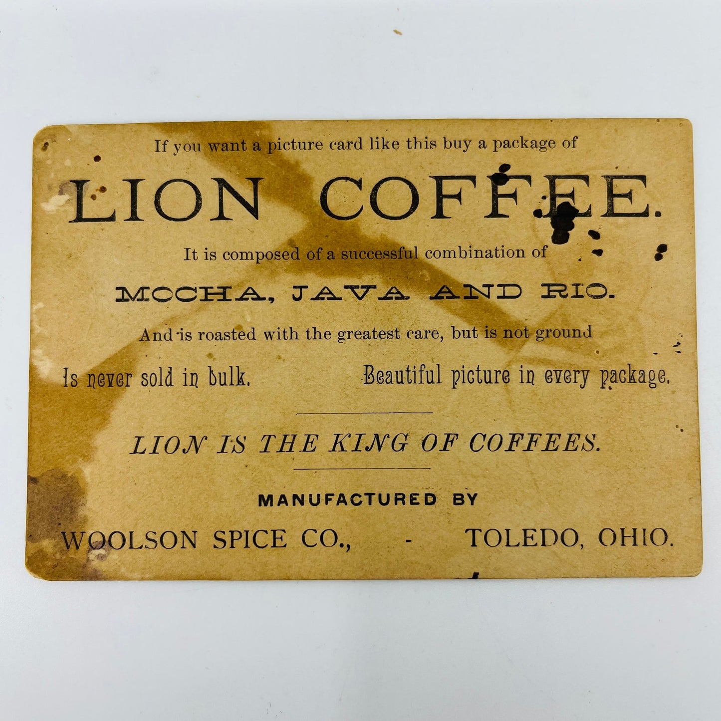 1880s Trade Card Lion Coffee Woolson Toledo Cat & Feather Dip Ink Pen SAH9-M11