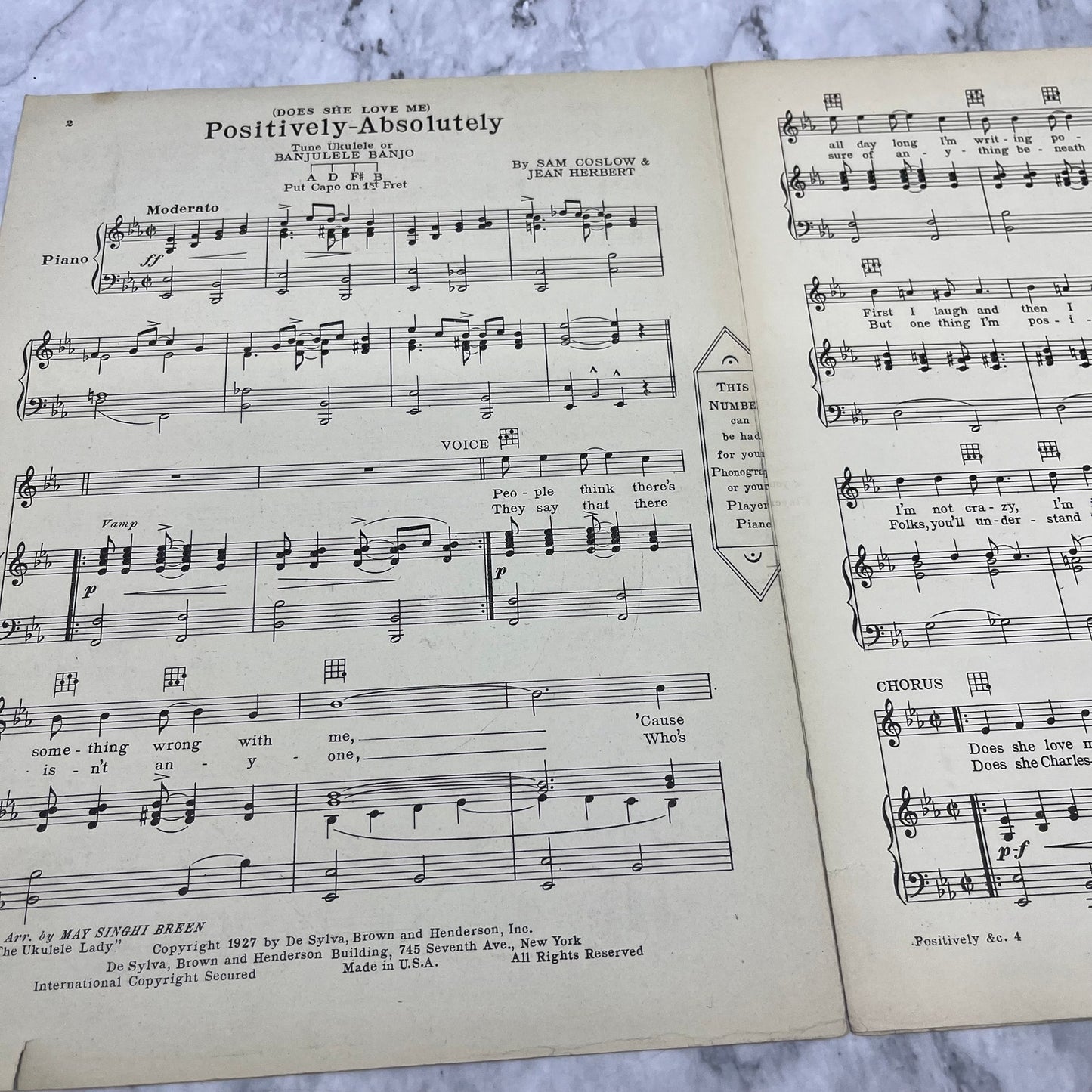 Vintage Sheet Music 1927 Does She Love Me? Positively-Absolutely Sam Coslow V39-3