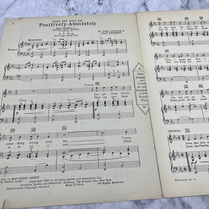 Vintage Sheet Music 1927 Does She Love Me? Positively-Absolutely Sam Coslow V39-3