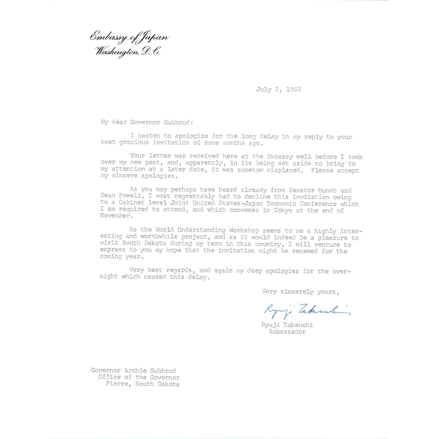 Embassy of Japan Letterhead Memo Ryuji Takeuchi 7/2/63 B14